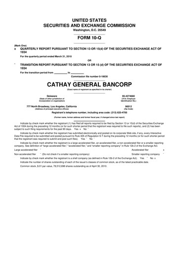 Thumbnail Cathay General Bancorp 10-Q Quarterly Report FY 