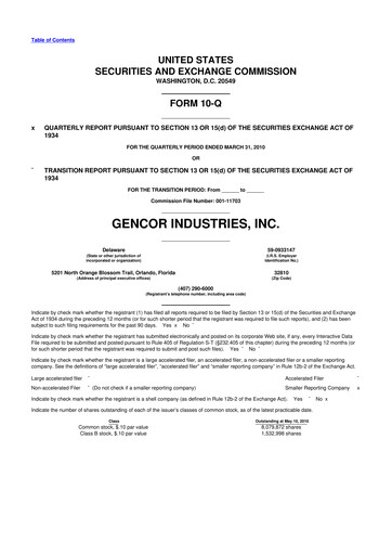 Miniature Gencor Industries
 10-Q Rapport trimestriel  
