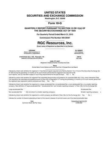 Miniature RGC Resources 10-Q Rapport trimestriel  