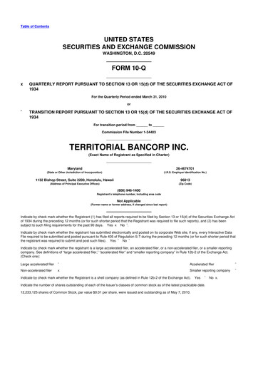 Miniature Territorial Bancorp
 10-Q Rapport trimestriel  