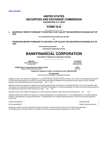 Thumbnail BankFinancial 10-Q Quarterly Report FY 