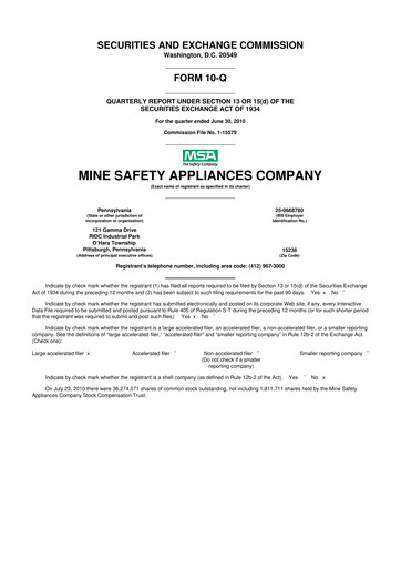 Miniature MSA Safety 10-Q Rapport trimestriel 2010 