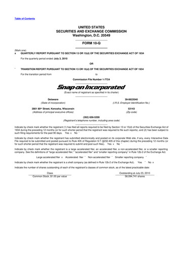 Miniature Snap-on 10-Q Rapport trimestriel 2010 