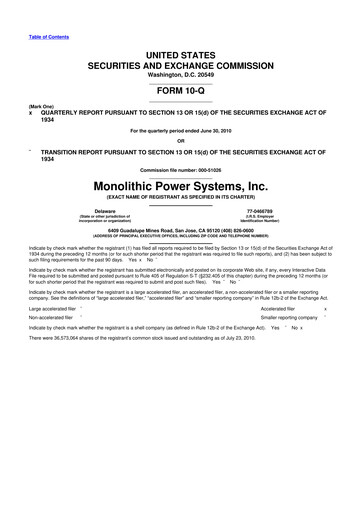 Miniature Monolithic Power Systems 10-Q Rapport trimestriel  