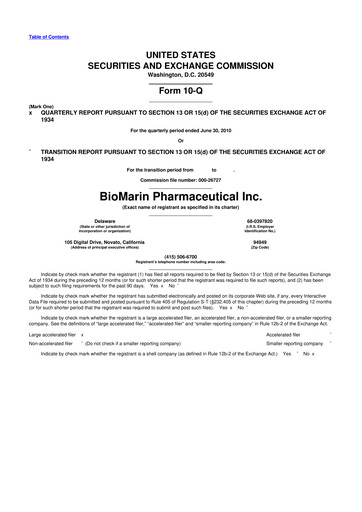 Thumbnail BioMarin Pharmaceutical 10-Q Quarterly Report FY2010 