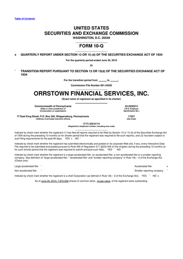 Thumbnail Orrstown Financial Services 10-Q Quarterly Report FY 