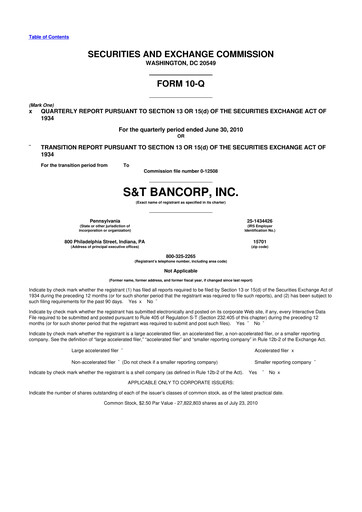 Thumbnail S&T Bancorp 10-Q Quarterly Report FY 