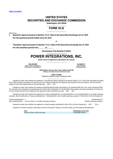 Miniature Power Integrations
 10-Q Rapport trimestriel 2010 