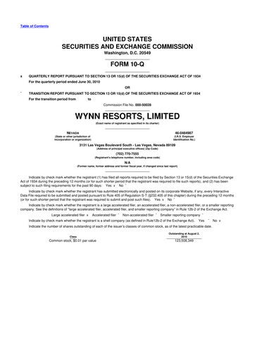 Thumbnail Wynn Resorts
 10-Q Quarterly Report FY2010 