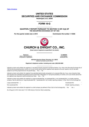 Thumbnail Church & Dwight
 10-Q Quarterly Report FY2010 