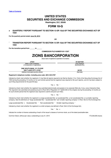 Miniature Zions Bancorporation
 10-Q Rapport trimestriel 2010 