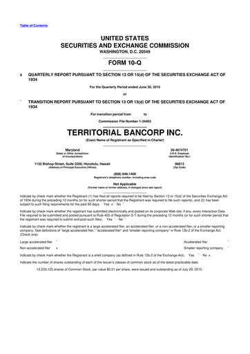 Miniature Territorial Bancorp
 10-Q Rapport trimestriel  