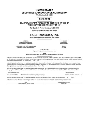 Miniature RGC Resources 10-Q Rapport trimestriel  