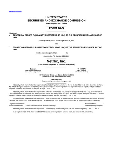 Miniature Netflix 10-Q Rapport trimestriel 2010 