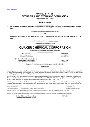 Miniature Quaker Houghton 10-Q Rapport trimestriel  