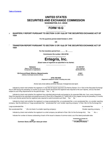 Miniature Entegris 10-Q Rapport trimestriel  