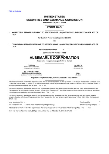 Miniature Albemarle 10-Q Rapport trimestriel 2010 