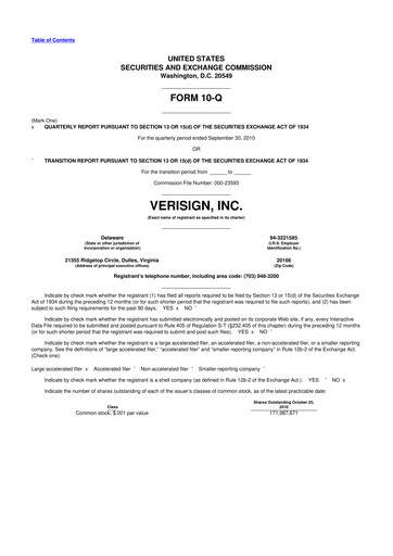 Thumbnail VeriSign 10-Q Quarterly Report FY2010 