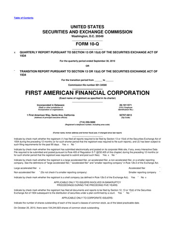 Miniature First American Financial Corporation 10-Q Rapport trimestriel 2010 