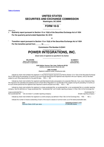 Miniature Power Integrations
 10-Q Rapport trimestriel 2010 