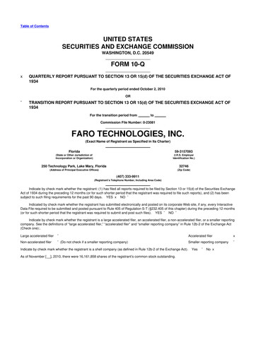 Miniature Faro Technologies
 10-Q Rapport trimestriel  