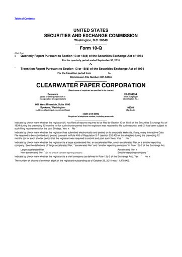 Thumbnail Clearwater Paper 10-Q Quarterly Report FY 