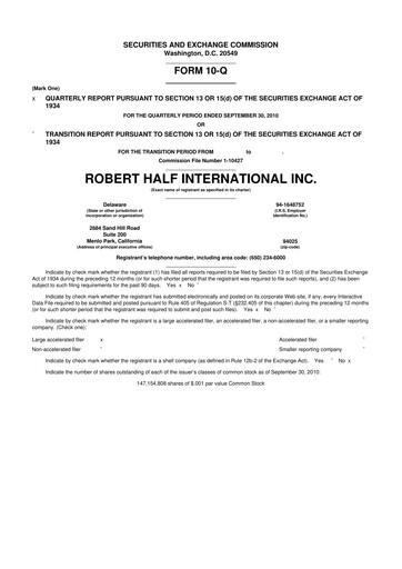 Miniature Robert Half 10-Q Rapport trimestriel 2010 