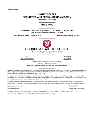 Thumbnail Church & Dwight
 10-Q Quarterly Report FY2010 