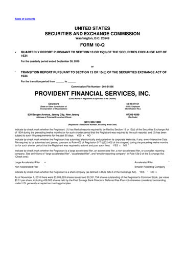 Thumbnail Provident Financial Services 10-Q Quarterly Report FY2010 