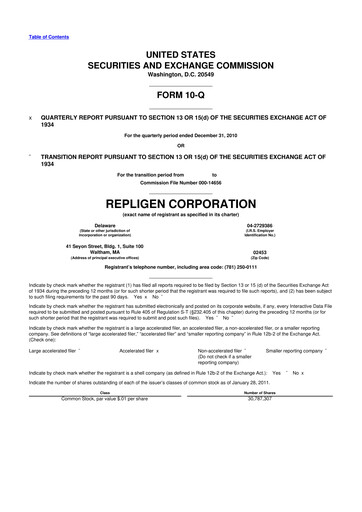 Miniature Repligen
 10-Q Rapport trimestriel  