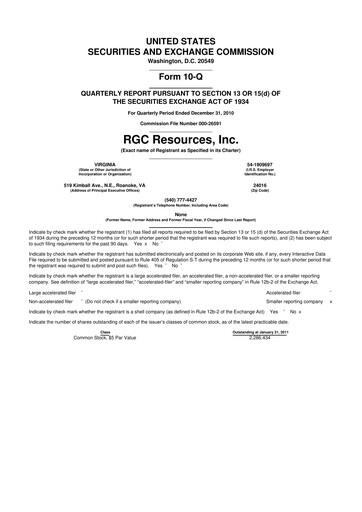 Miniature RGC Resources 10-Q Rapport trimestriel  