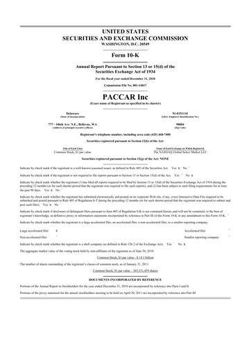 Thumbnail Paccar 10-K Annual Report 2010