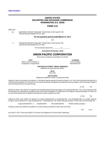 Thumbnail Union Pacific Corporation 10-Q Quarterly Report FY2011 