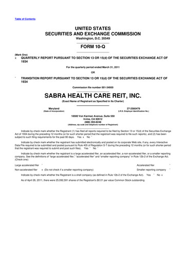 Thumbnail Sabra Health Care REIT 10-Q Quarterly Report FY 
