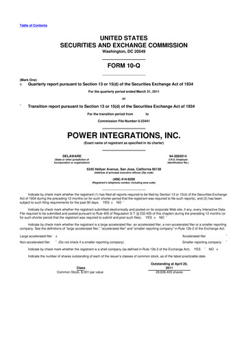 Miniature Power Integrations
 10-Q Rapport trimestriel 2011 