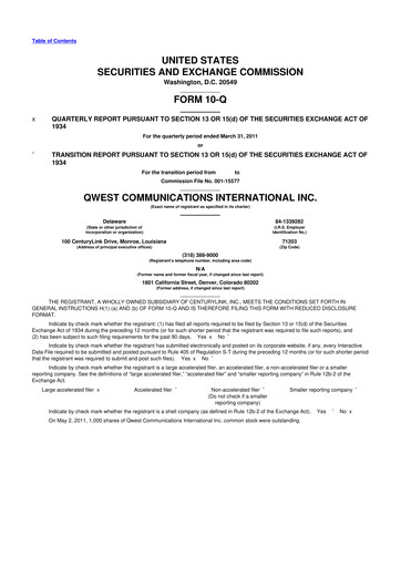 Thumbnail Qwest Communications International 10-Q Quarterly Report FY2011 