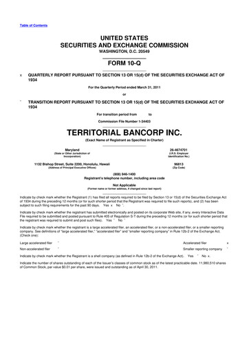 Miniature Territorial Bancorp
 10-Q Rapport trimestriel  