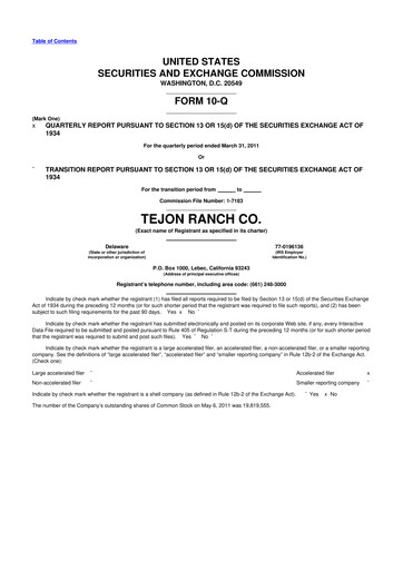 Thumbnail Tejon Ranch
 10-Q Quarterly Report FY 