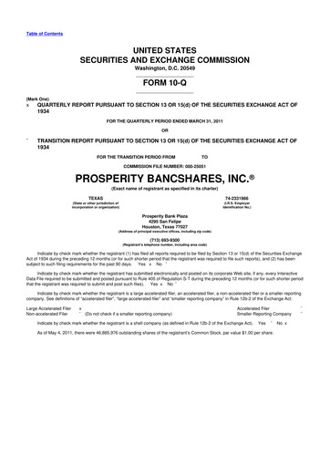 Thumbnail Prosperity Bancshares
 10-Q Quarterly Report FY2011 
