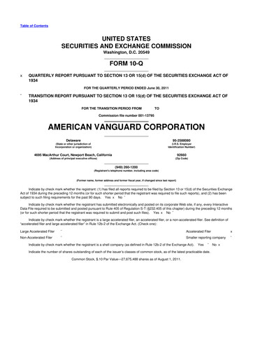 Miniature American Vanguard 10-Q Rapport trimestriel 2011 