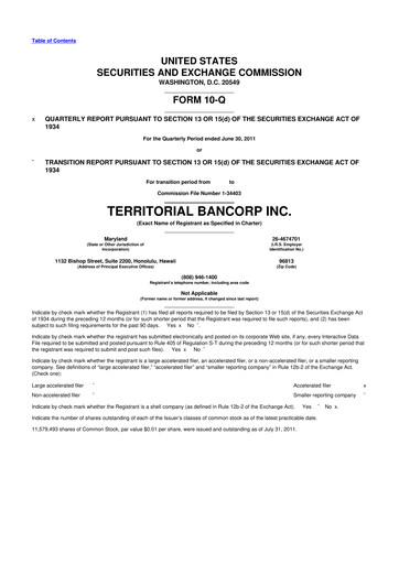 Miniature Territorial Bancorp
 10-Q Rapport trimestriel 2011 