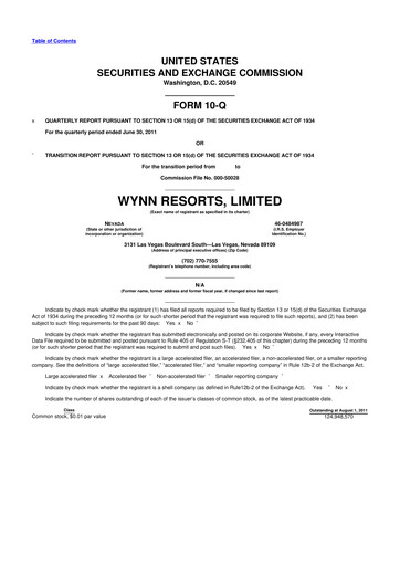 Thumbnail Wynn Resorts
 10-Q Quarterly Report FY2011 