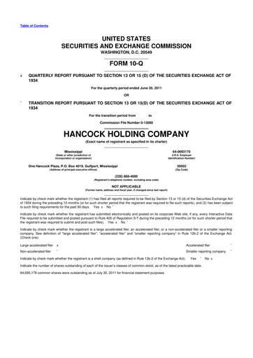 Thumbnail Hancock Whitney 10-Q Quarterly Report FY2011 