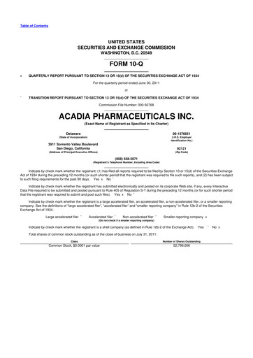 Thumbnail ACADIA Pharmaceuticals 10-Q Quarterly Report FY2011 