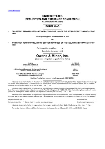 Thumbnail Owens & Minor

 10-Q Quarterly Report FY2011 