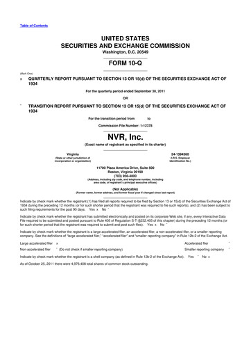 Miniature NVR 10-Q Rapport trimestriel 2011 