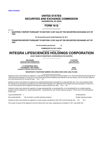Thumbnail Integra LifeSciences 10-Q Quarterly Report FY2011 