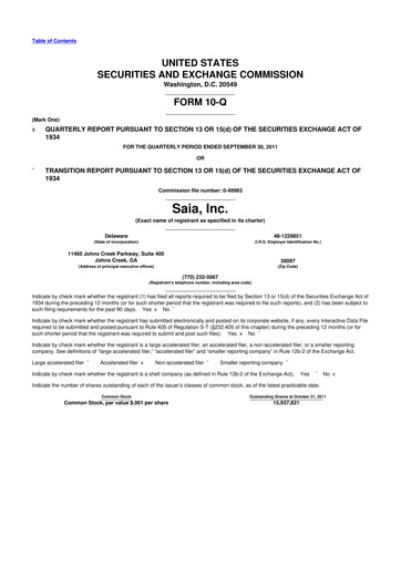 Thumbnail Saia
 10-Q Quarterly Report FY2011 