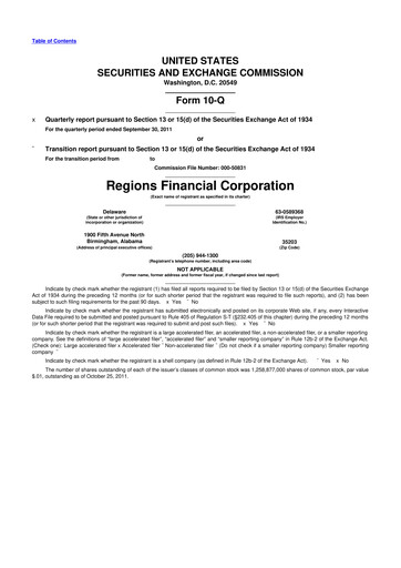 Thumbnail Regions Financial
 10-Q Quarterly Report FY2011 