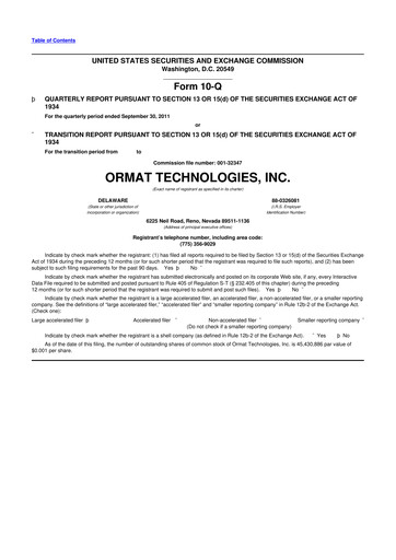 Miniature Ormat Technologies
 10-Q Rapport trimestriel 2011 